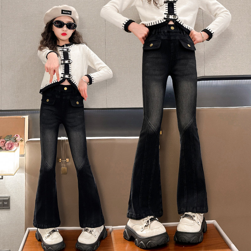 女童黑色牛仔微喇叭裤高腰前袋盖加绒马蹄裤中大童洋气裤子2026年