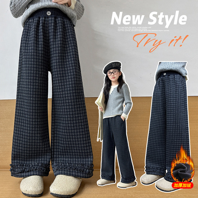 女童格子阔腿裤秋冬加绒加厚松紧腰长裤儿童保暖裤子2026新款休闲