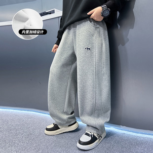 男童秋冬加绒宽松卡通裤子2025新款大童冬装一体绒直筒长裤潮