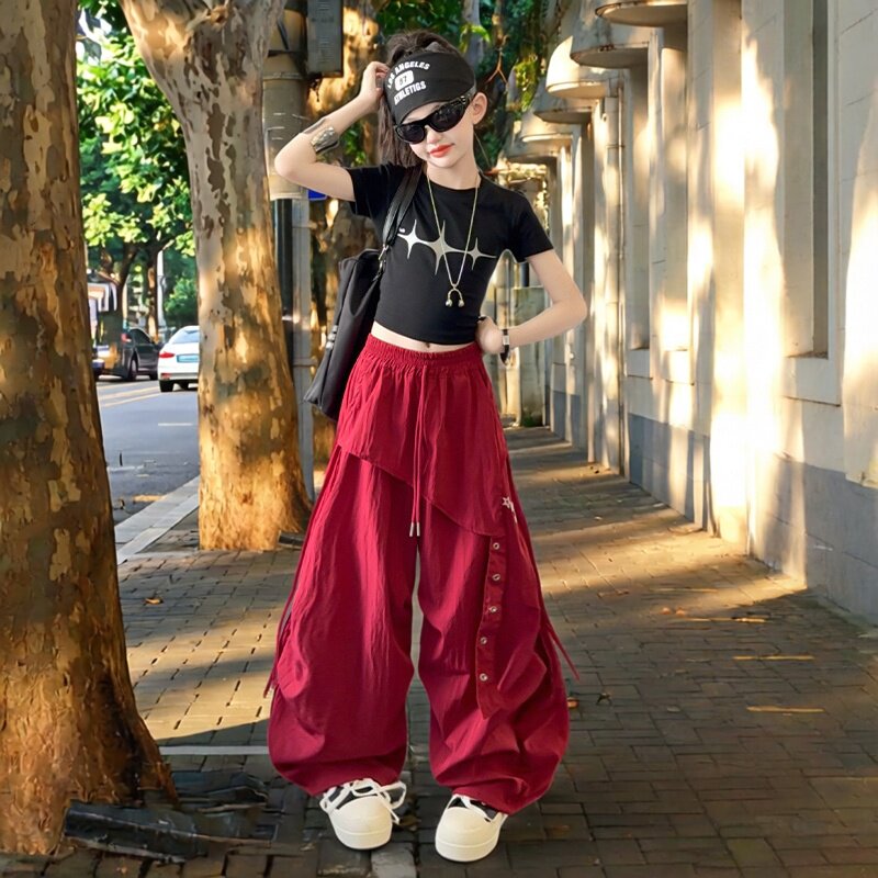 女童短袖T恤套装大童酷飒风工装裤伞兵裤女孩夏装嘻哈街舞两件套