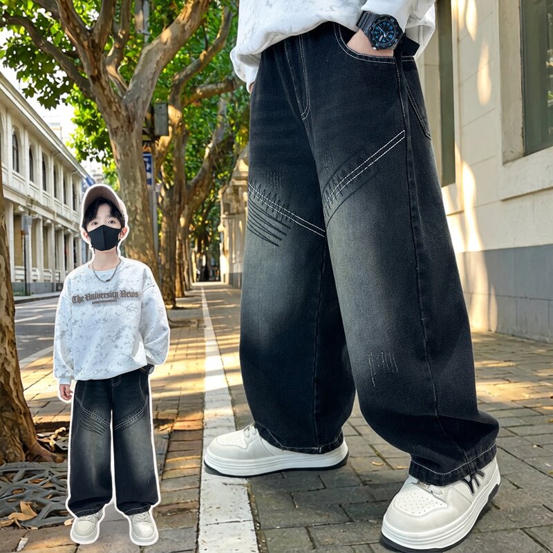 男童工装阔腿裤牛仔裤春秋款潮酷宽松直筒长裤休闲中大童2026新款