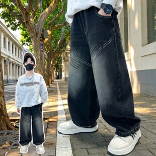 男童工装阔腿裤牛仔裤春秋款潮酷宽松直筒长裤休闲中大童2026新款