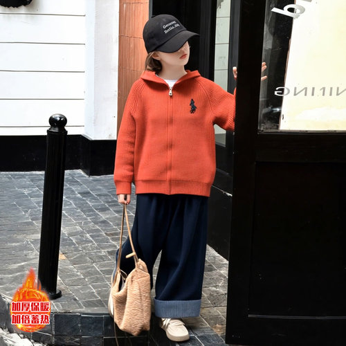 女大童连帽拉链加厚保暖针织开衫