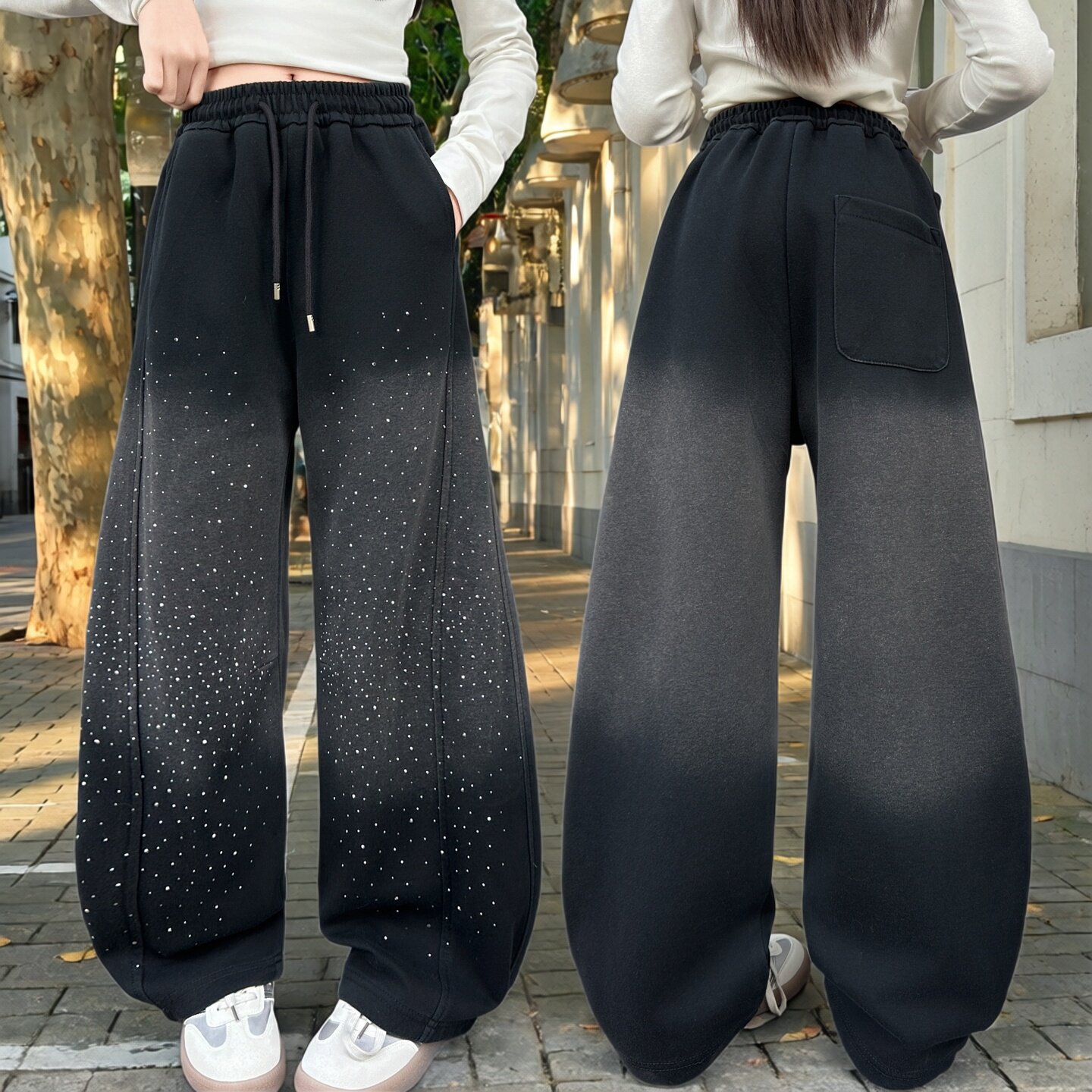 女童烫钻满天星卫裤春秋新款洋气百搭休闲阔腿裤中大童运动裤2026