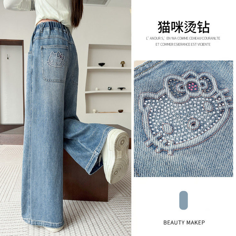 女童秋季新款后袋烫钻猫咪牛仔直筒裤中大童洋气宽松长裤
