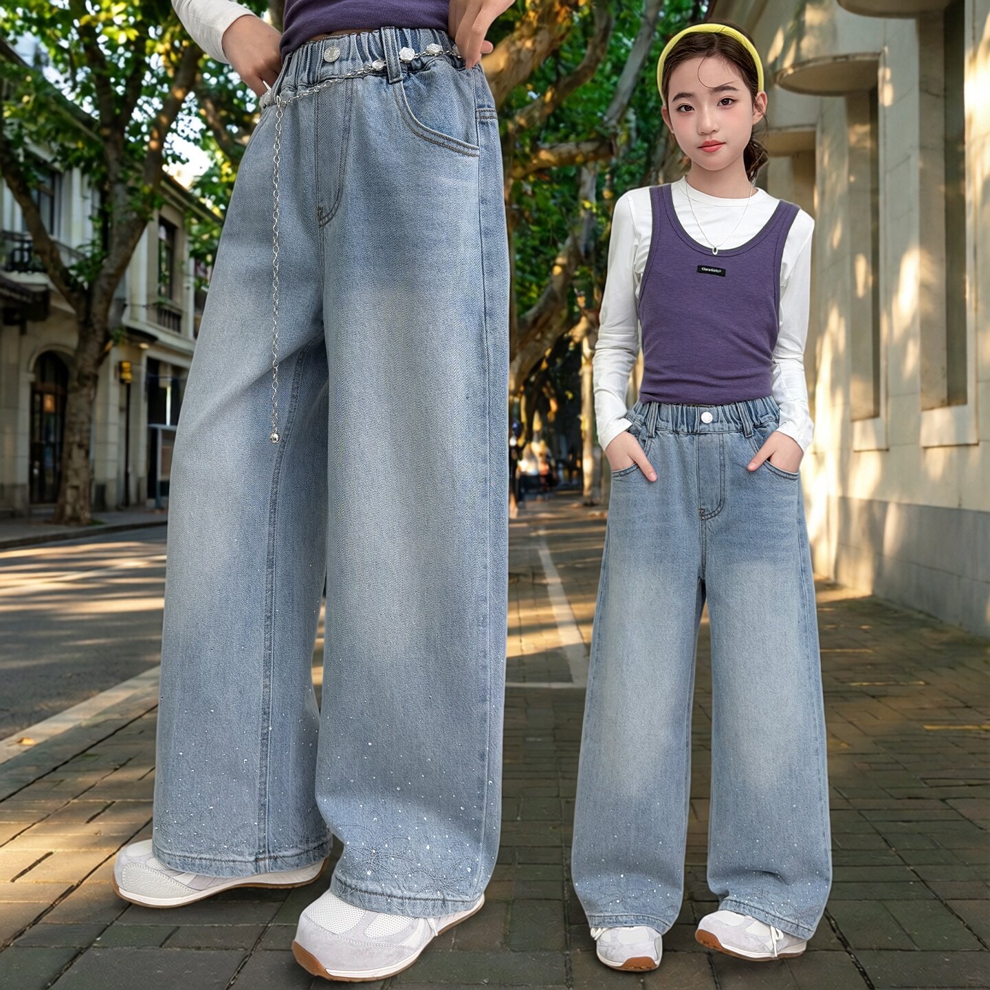 女童春秋牛仔裤2026年新款洋气烫钻直筒阔腿裤中大童时髦长裤休闲