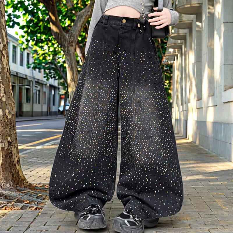 女童烫钻弯刀裤2026春秋新款满天星牛仔拖地裤子大儿童直筒香蕉裤