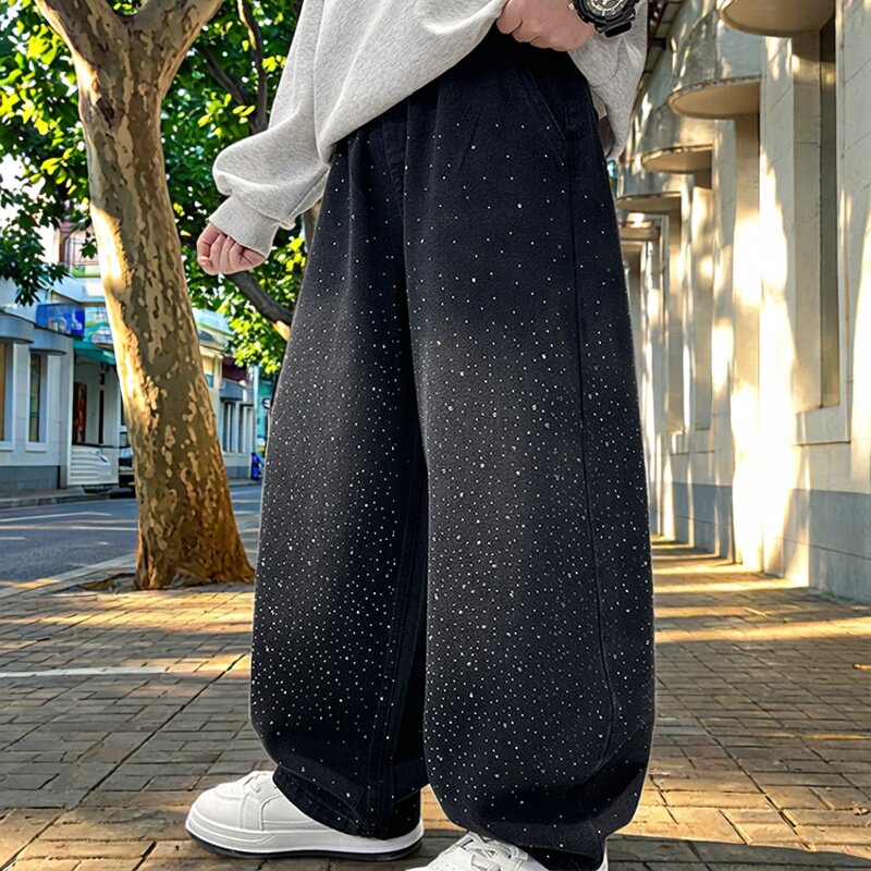 男童加绒牛仔裤冬季保暖阔腿裤中大童黑色长裤新款亮片保暖2026年