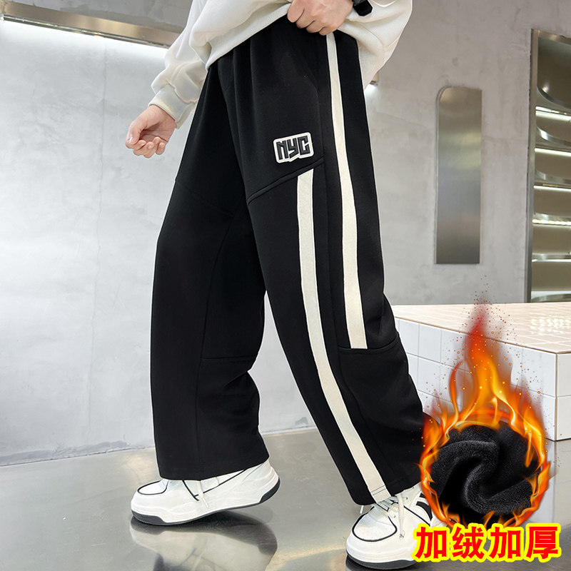 男童加绒加厚休闲裤冬季保暖运动裤中大童黑色侧条纹长裤束脚裤