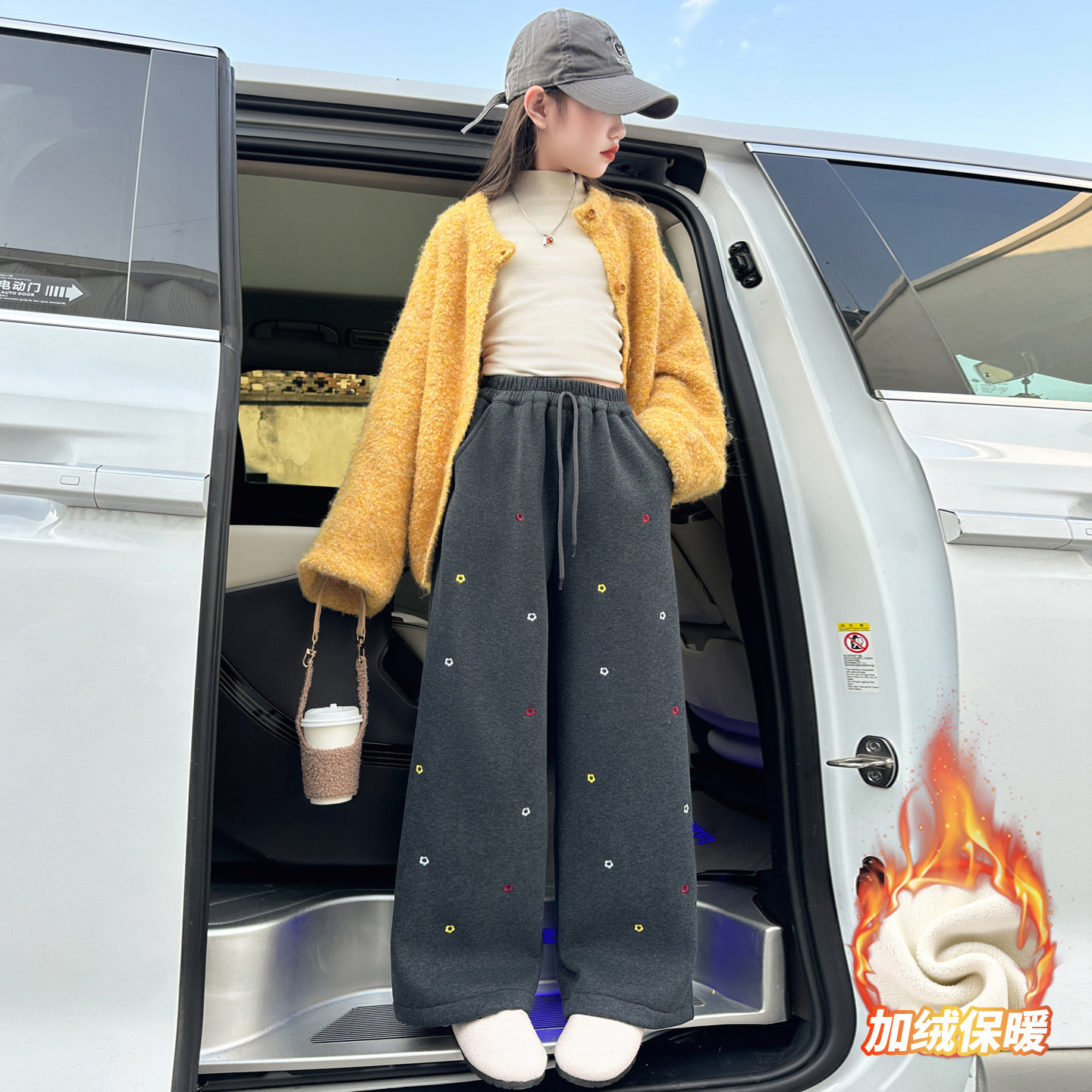 女童加绒阔腿裤秋冬韩版刺绣小花休闲裤中大童保暖长裤直筒运动裤