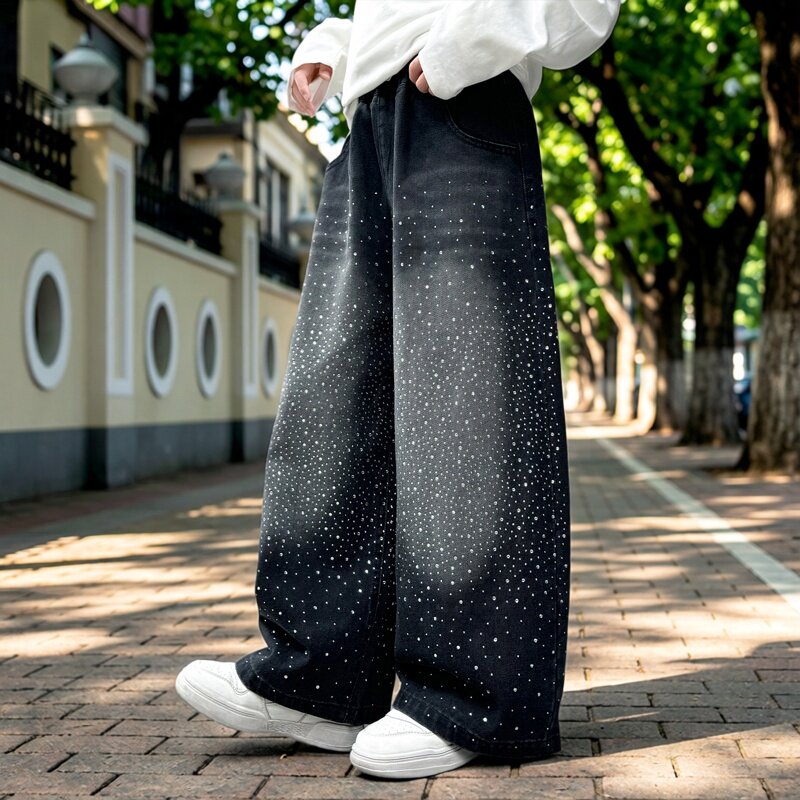 男童满天星烫钻阔腿牛仔裤春秋新款韩版休闲长裤黑色亮片2026新款