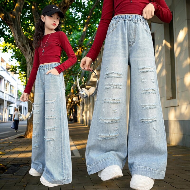 女童破洞牛仔裤春秋新款韩版洋气阔腿裤中大童百搭直筒长裤2026年