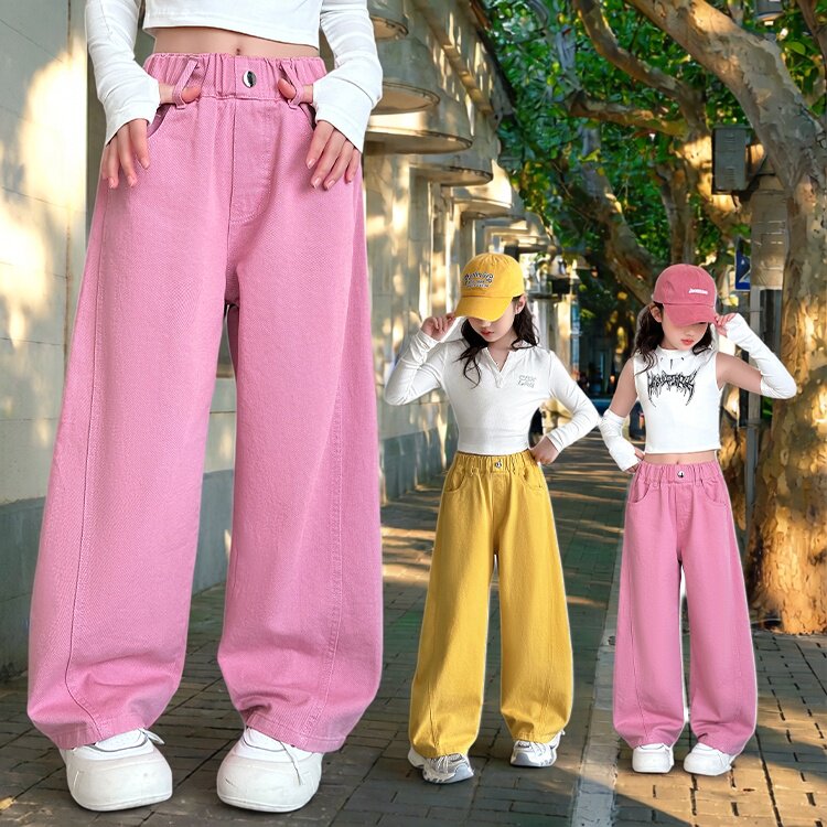 女童弯刀裤春秋新款洋气阔腿裤松紧腰直筒长裤时尚百搭牛仔裤2026