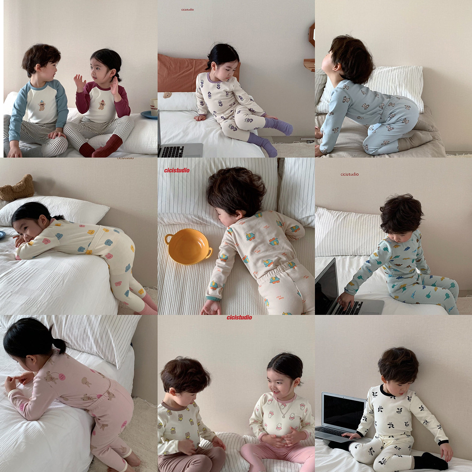 秋韩版儿童家居服套装男童女童卡通满印波点插肩袖睡衣宝宝内衣