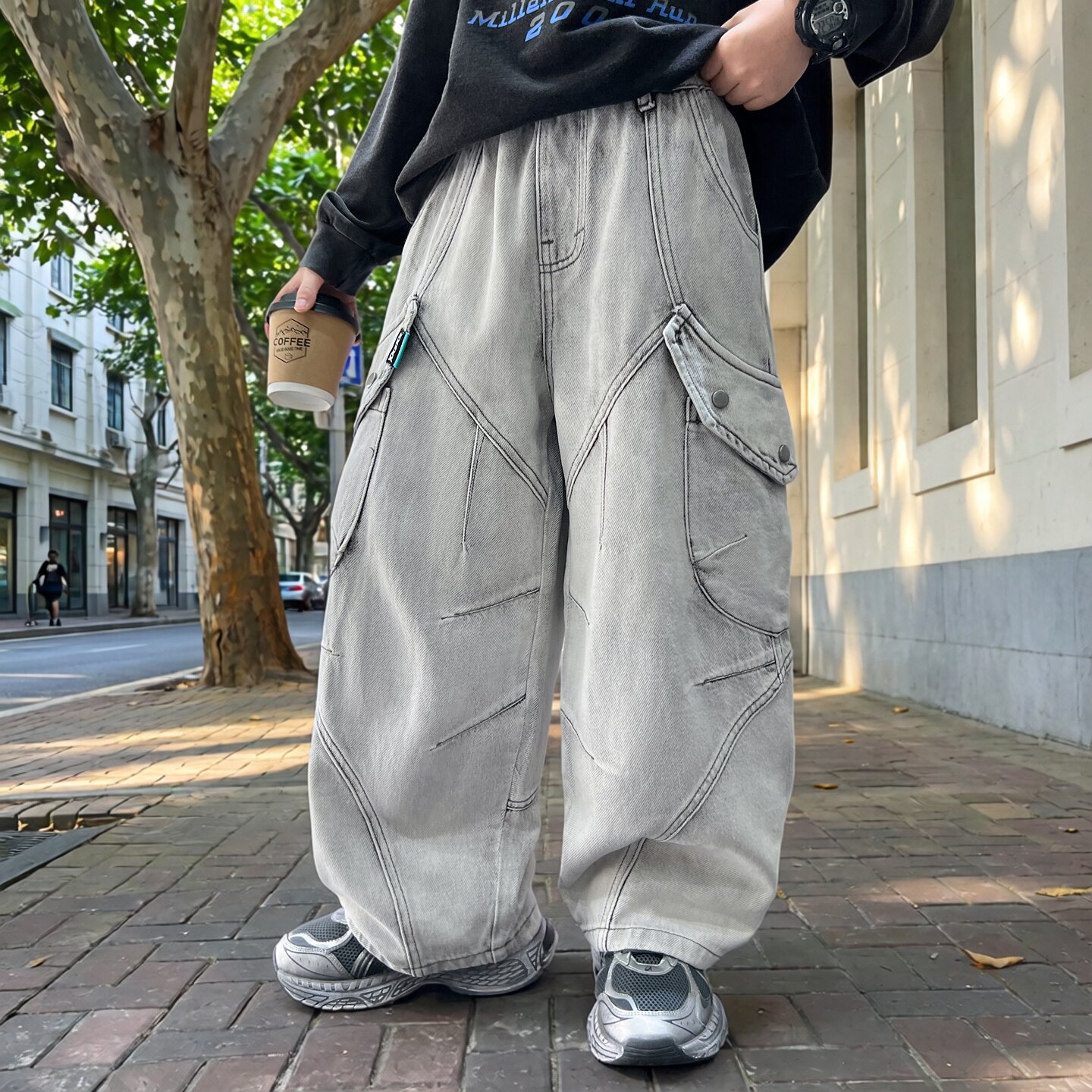 工装风多口袋牛仔阔腿裤男童春秋宽松长裤帅气潮流休闲裤2026新款