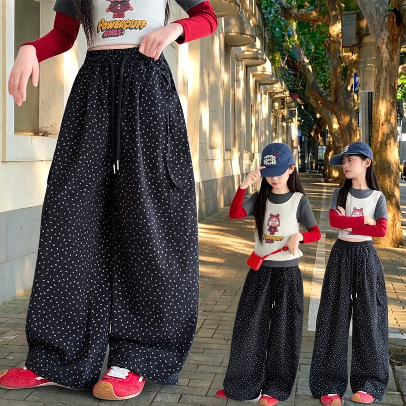 女童满天星波点阔腿裤黑色休闲长裤松紧腰宽松裤子工装裤2026新款
