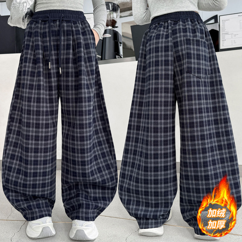 女童加绒格子弯刀裤秋冬加厚阔腿裤中大童休闲长裤直筒2026新款