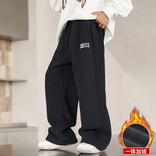 加绒加厚保暖运动裤男童冬季宽松直筒休闲长裤黑色百搭宽松裤子