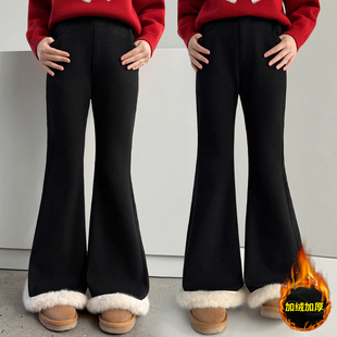女童喇叭裤加绒加厚秋冬新款一体绒黑色长裤保暖休闲裤2026新款