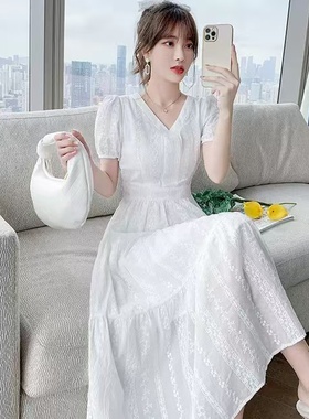 白色连衣裙女小白裙夏季2025新款轻奢纯棉显瘦气质长裙法式连衣裙