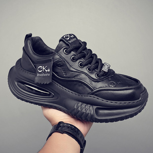 男士休闲运动鞋头层牛皮新款真皮老爹鞋板鞋厚底增高男鞋潮鞋黑色