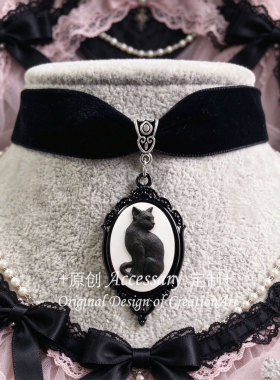 樱落自制亚文化小黑猫绒带项链lolita哥特甜酷少女项圈
