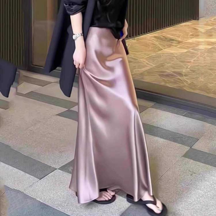 醋酸缎面半身裙女夏季新款高腰显瘦a字裙高级感中长款丝滑包臀裙