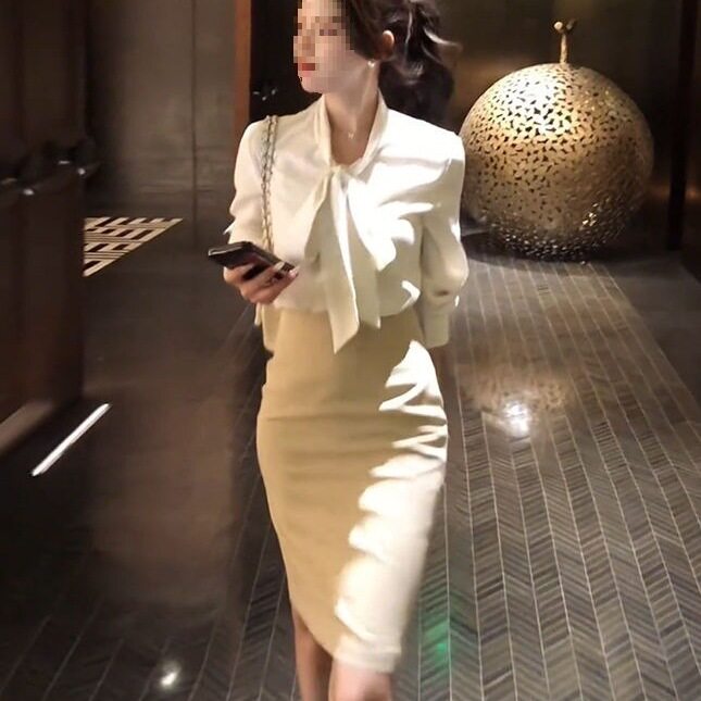 淑女时尚套装春季白色长袖衬衫女新款修身开叉半身裙绑带蝴蝶结