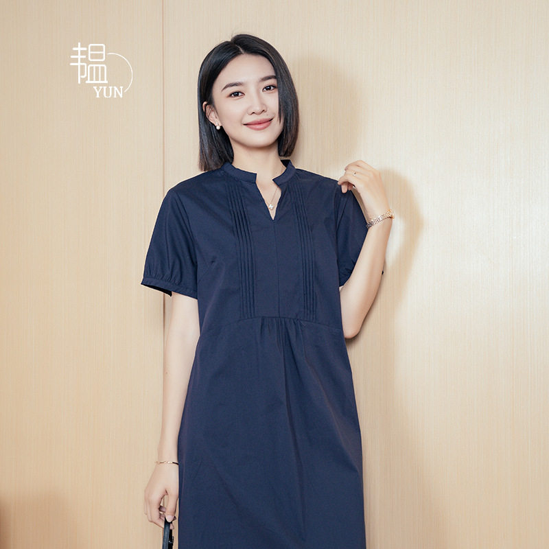 韫YUN半开领纯色短袖新款夏季大码薄连衣裙女设计感显瘦宽松裙子