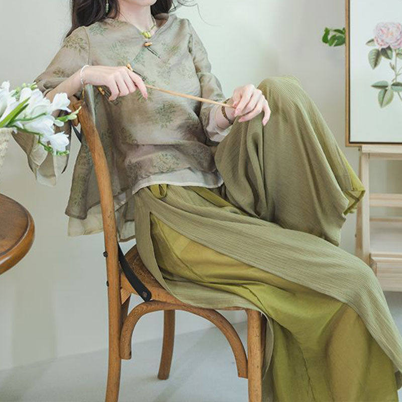 夏季新款七分袖印花衬衫盘扣优雅禅意假两件上衣裤子禅茶服两件套