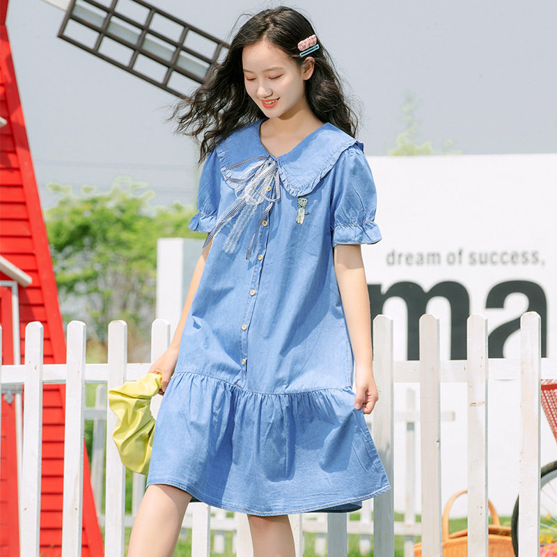 9957少女连衣裙夏季宽松学院风高中学生牛仔裙子初中生大童潮