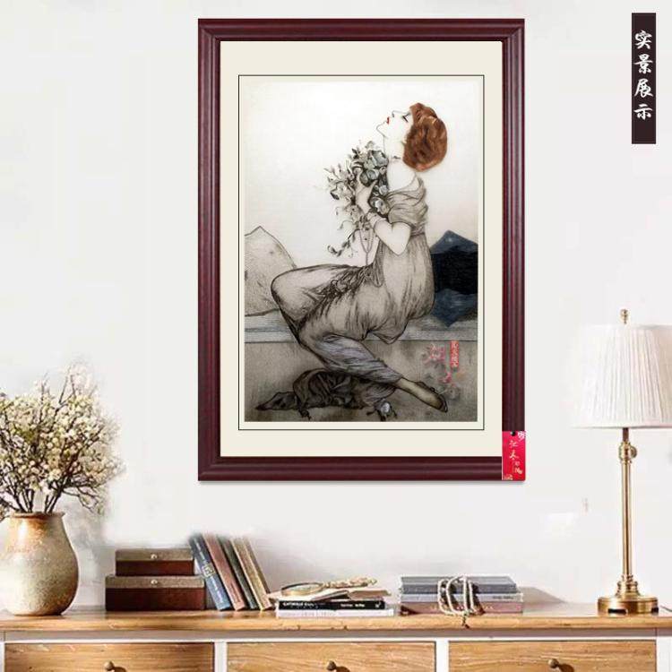 湘绣精品真四丝单面绣手工刺绣现代美女人物西洋家居别墅装饰挂画