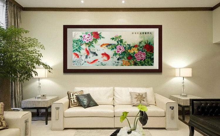 湘绣苏绣大幅客厅装饰手工刺绣单面花开富贵年年有余牡丹鱼成品画