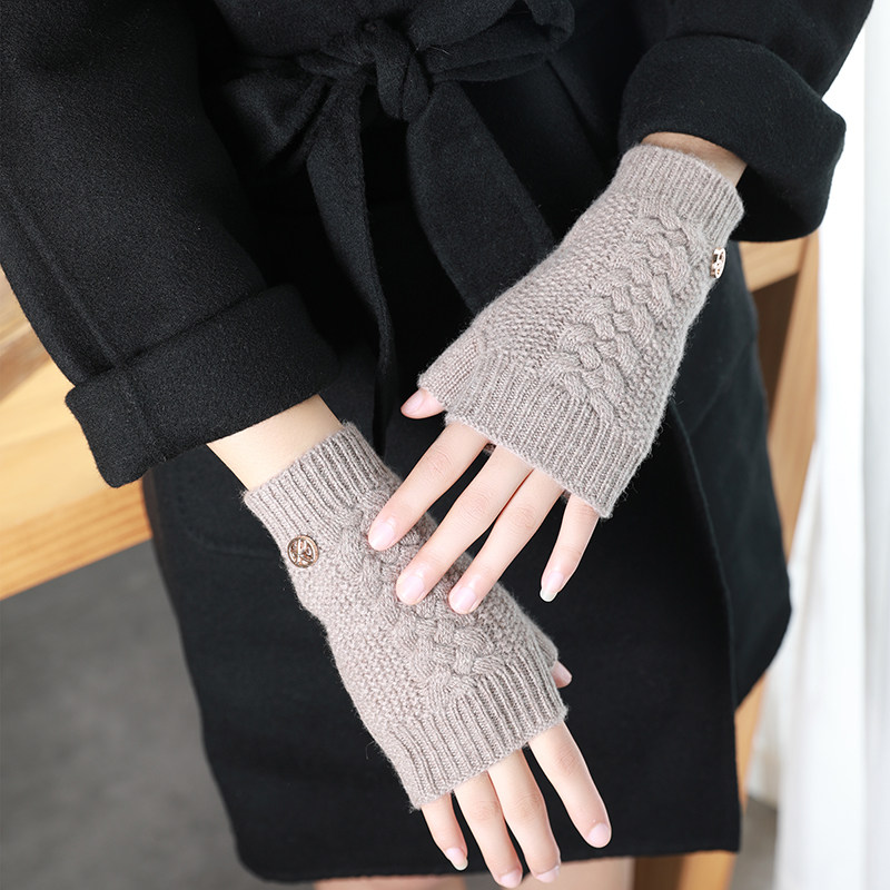 手套女冬天可爱保暖纯山羊绒开车触屏半指毛线针织女士手套秋冬季