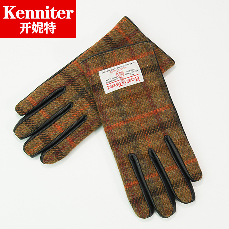 新款哈里斯秋冬加绒保暖防滑五指复古骑行开车滑雪触屏男士手套