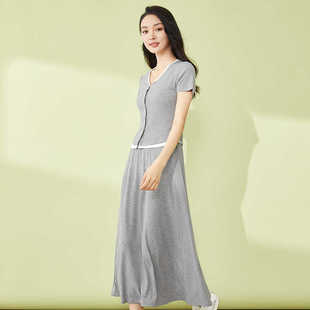 她图半身裙套装女2024夏季新款V领短袖假二件上衣+中长裙二件套