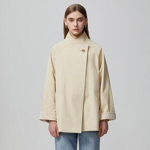 她图立领蕾丝袖口中长风衣外套女士2025秋季新款宽松腰带收腰大衣
