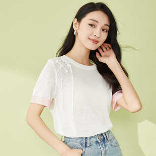 新款 系带镂空薄款 针织衫 圆领套头薄款 透气上衣 女短袖 她图2024夏装