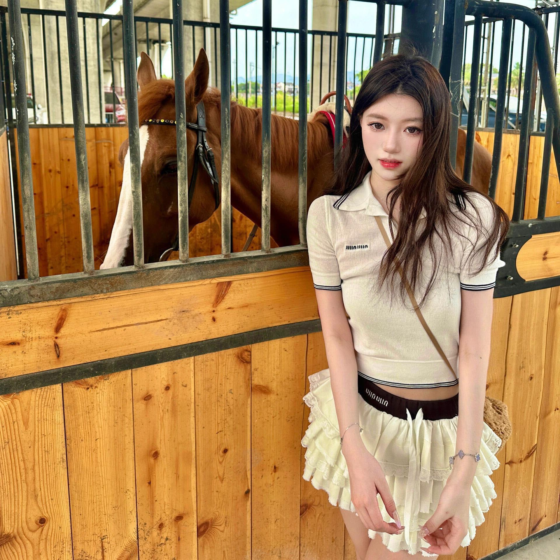 韩系甜美翻领压褶短袖衬衫蛋糕半身裙两件套女夏季小个子时尚套装