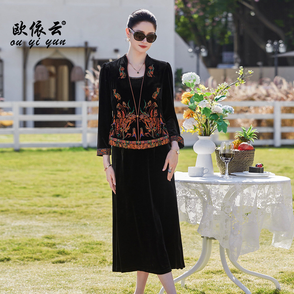洋气妈妈秋装气质长裙子假两件套图片