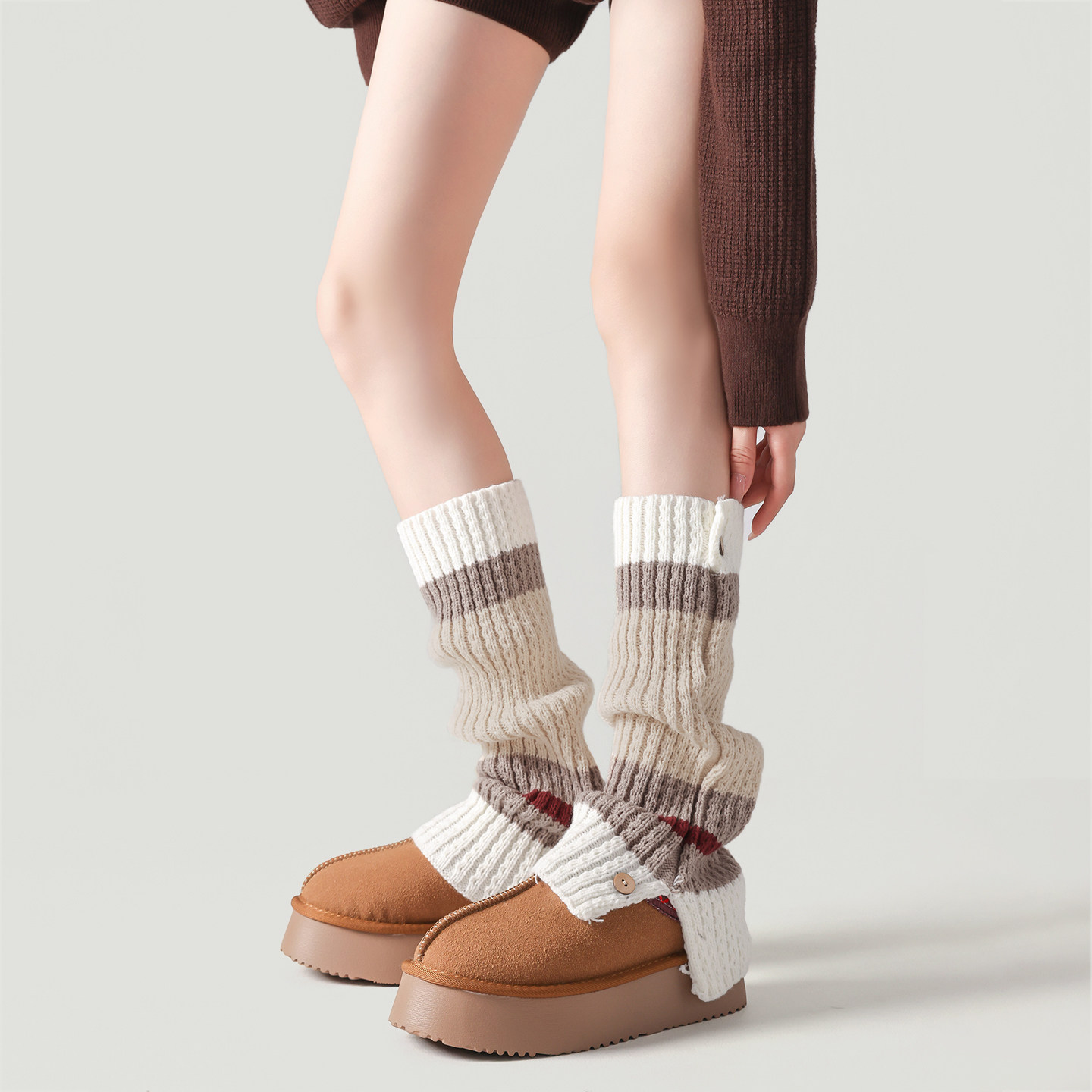 复古针织撞色纽扣长筒堆堆袜套