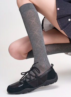 桑蚕丝灰色菱格小腿袜子女春夏薄款显瘦透气堆堆袜纯色无骨长筒袜
