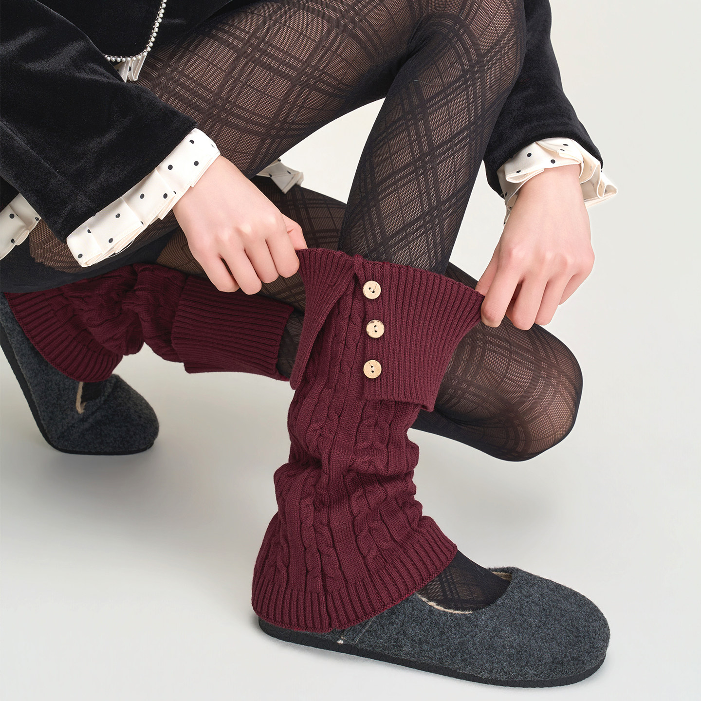 酒红色麻花翻边纽扣袜套女秋冬保暖羊毛堆堆袜子复古百搭长筒腿套,女士内衣/男士内衣/家居服,长筒袜,淘宝优惠券,粉丝福利购,淘宝优惠卷
