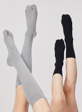 分趾袜子女春夏纯棉薄款二趾中筒袜tabi灰色小腿袜夏季黑白及膝袜