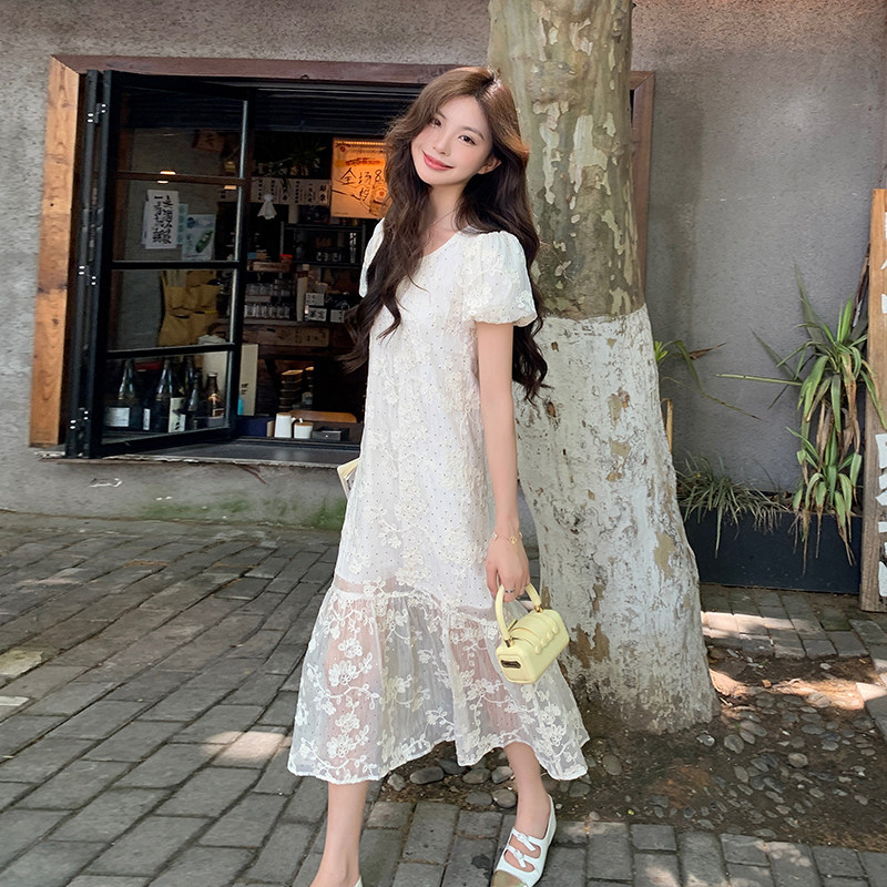 绝美温柔风蕾丝提花连衣裙女夏季2025新款小香风泡泡袖白色鱼尾裙,女装连衣裙,浙宝296