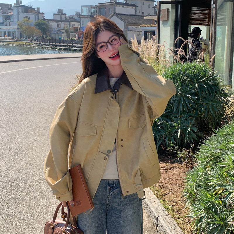 大货2026春新款Y1179姜黄色撞色皮衣短外套P180K288，女装皮衣，浙宝296