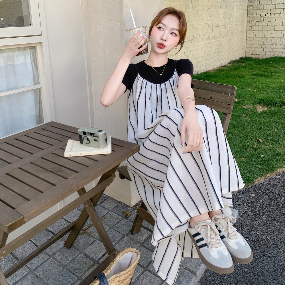 现货Y1122（订制面料）竖条吊带连衣裙+黑T两件套P160K238,女装连衣裙,浙宝296