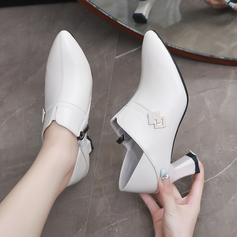 深口单鞋真皮尖头软底软皮高跟鞋