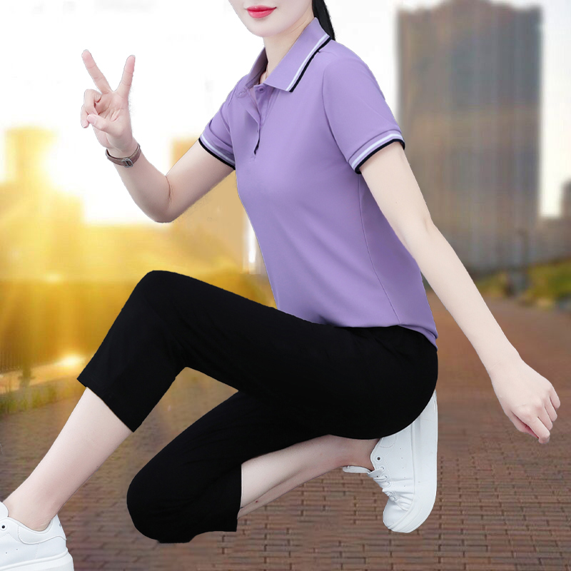 运动套装女夏季2025新款翻领短袖七分裤薄款休闲两件套0618u