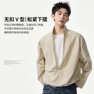 男春秋无扣V领假两件长袖衬衫